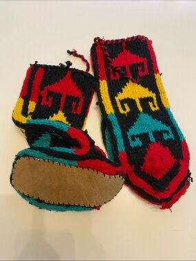 HAND MADE Black Red Yellow Teal Knit Moccasin Slippers